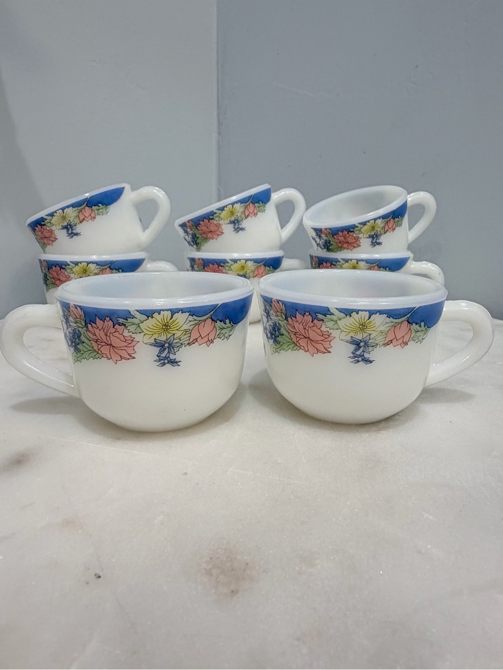 Vintage 90s Duropal French Opal Glass Teacups Set 7 Floral Blue Rim Coffee Cups